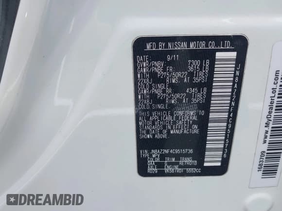 ✅ 2012 Infiniti QX56 7-passenger • VIN: JN8AZ2NF4C9515736 • Lot: 41919275. Listed on IAAI with 138,708 mi. Free auction sales archive from the USA and detailed vehicle history report at DreamBid. Image 9.