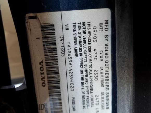 ✅ 2004 Volvo V70 • VIN: YV1SW59V142394020 • Lot: 82356245. Listed on Copart with 190,831 mi. Free auction sales archive from the USA and detailed vehicle history report at DreamBid. Image 12.