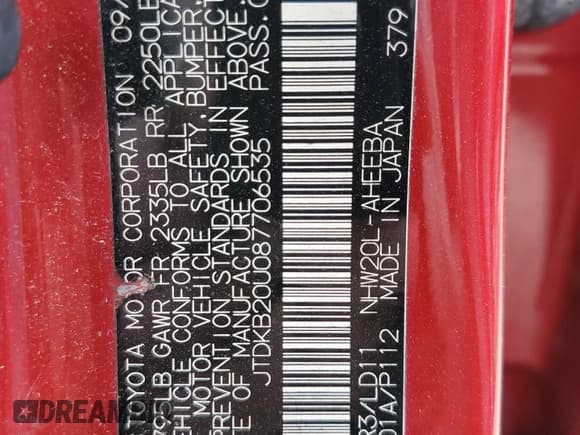 ✅ 2008 Toyota Prius • VIN: JTDKB20U087706535 • Lot: 91527895. Listed on Copart with 150,082 mi. Free auction sales archive from the USA and detailed vehicle history report at DreamBid. Image 12.