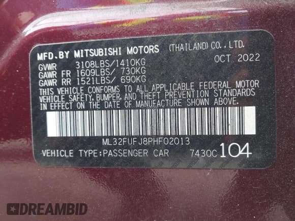 ✅ 2023 Mitsubishi Mirage ES • VIN: ML32FUFJ8PHF02013 • Lot: 41710732. Wystawiony na IAAI z przebiegiem 21 919 mil. Bezpłatny archiwum sprzedaży aukcyjnych z USA i szczegółowy raport historii pojazdu na DreamBid. Zdjęcie 9.