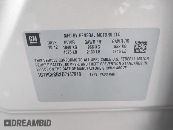 ✅ 2013 Chevrolet Cruze 1LT • VIN: 1G1PC5SBXD7147918 • Lot: 43573003. Listed on IAAI with 79,414 mi. Free auction sales archive from the USA and detailed vehicle history report at DreamBid. Image 9.