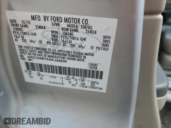 ✅ 2010 Mercury Mariner • VIN: 4M2CN9B75AKJ24200 • Lot: 49974115. Listed on Copart with 211,348 mi. Free auction sales archive from the USA and detailed vehicle history report at DreamBid. Image 15.