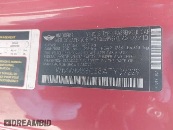 ✅ 2010 MINI Convertible S • VIN: WMWMS3C58ATY09229 • Лот: 42055305. Опубликован ранее на IAAI с пробегом 142 396 миль. Бесплатный доступ к архиву аукционных продаж из США и подробный отчёт об истории автомобиля на DreamBid. Изображение 9.