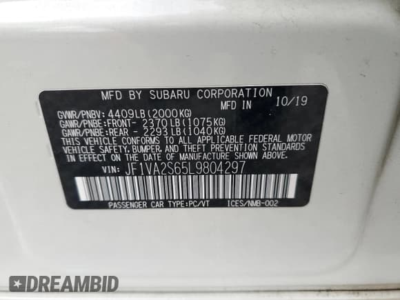 ✅ 2020 Subaru WRX STI • VIN: JF1VA2S65L9804297 • Lot: 82671525. Listed on Copart with Not provided. Free auction sales archive from the USA and detailed vehicle history report at DreamBid. Image 12.