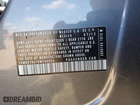 ✅ 2013 Volkswagen Jetta SE • VIN: 3VWDX7AJ7DM360654 • Lot: 90534145. Wystawiony na Copart z przebiegiem Nie podano. Bezpłatny archiwum sprzedaży aukcyjnych z USA i szczegółowy raport historii pojazdu na DreamBid. Zdjęcie 12.