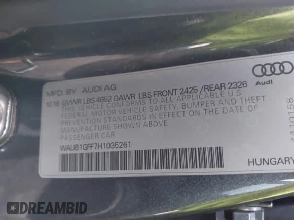 ✅ 2017 Audi S3 Premium Plus • VIN: WAUB1GFF7H1035261 • Lot: 41278084. Listed on IAAI with 86,118 mi. Free auction sales archive from the USA and detailed vehicle history report at DreamBid. Image 9.