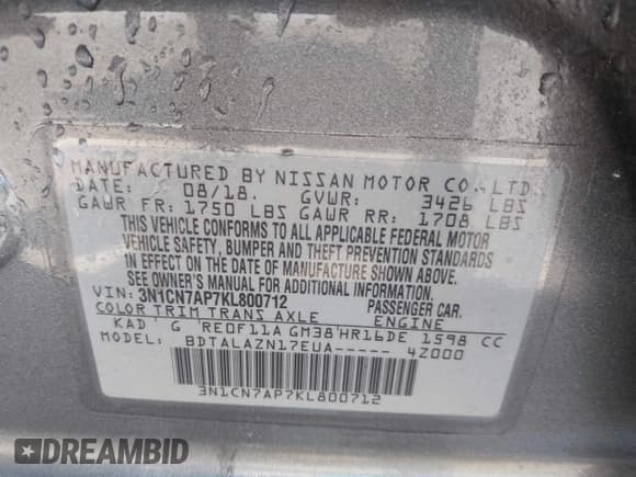 ✅ 2019 Nissan Versa SV • VIN: 3N1CN7AP7KL800712 • Lot: 42490978. Listed on IAAI with 56,319 mi. Free auction sales archive from the USA and detailed vehicle history report at DreamBid. Image 9.