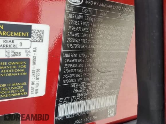 ✅ 2019 Land Rover Range Rover Sport HSE • VIN: SALWR2RU6KA872738 • Lot: 63101335. Listed on Copart with 63,996 mi. Free auction sales archive from the USA and detailed vehicle history report at DreamBid. Image 13.