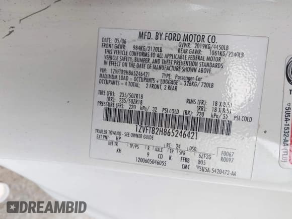 ✅ 2006 Ford Mustang GT Deluxe • VIN: 1ZVFT82H865246421 • Lot: 42007809. Listed on IAAI with 205,896 mi. Free auction sales archive from the USA and detailed vehicle history report at DreamBid. Image 9.