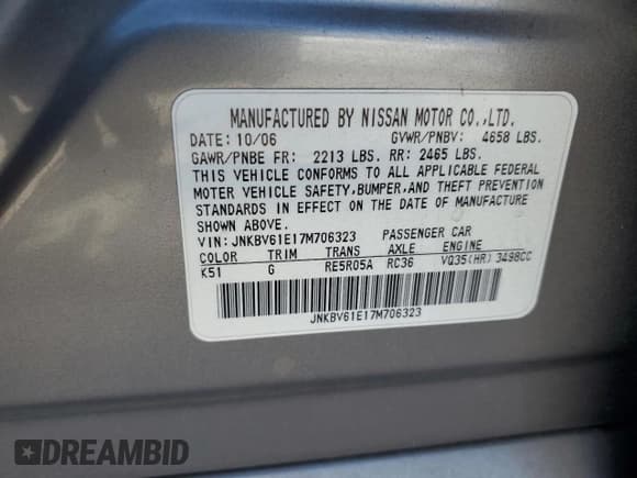 ✅ 2007 Infiniti G35 Sport • VIN: JNKBV61E17M706323 • Лот: 87404625. Опубликован ранее на Copart с пробегом 174 175 миль. Бесплатный доступ к архиву аукционных продаж из США и подробный отчёт об истории автомобиля на DreamBid. Изображение 12.