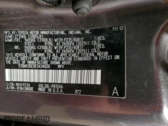 ✅ 2014 Toyota Sienna LE • VIN: 5TDKK3DC9ES434026 • Лот: 96868205. Опубликован ранее на Copart с пробегом 265 276 миль. Бесплатный доступ к архиву аукционных продаж из США и подробный отчёт об истории автомобиля на DreamBid. Изображение 13.