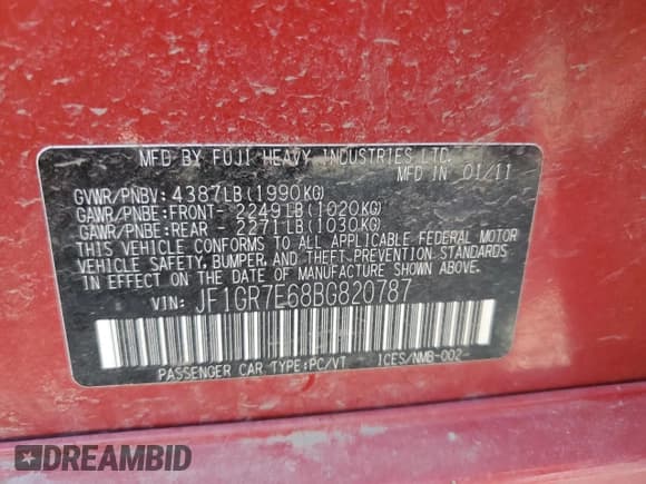 ✅ 2011 Subaru WRX WRX Limited • VIN: JF1GR7E68BG820787 • Lot: 65821335. Listed on Copart with 99,711 mi. Free auction sales archive from the USA and detailed vehicle history report at DreamBid. Image 12.