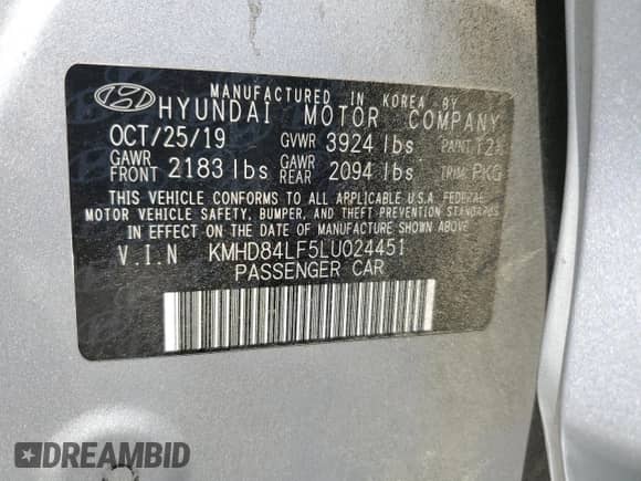 2020 Hyundai Elantra Value Edition with VIN KMHD84LF5LU024451, listed as a Copart auction lot 53398695 with 267,302 mi miles and Salvage title. Bid and sale history available at DreamBid. Image 12.