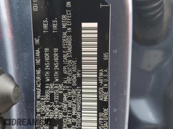 ✅ 2017 Toyota Highlander LE • VIN: 5TDZARFH4HS028401 • Lot: 68082975. Listed on Copart with Not provided. Free auction sales archive from the USA and detailed vehicle history report at DreamBid. Image 12.