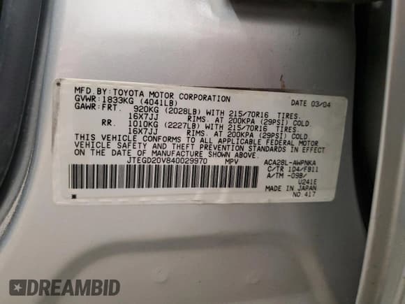 ✅ 2004 Toyota RAV4 • VIN: JTEGD20V840029970 • Lot: 63466545. Wystawiony na Copart z przebiegiem 75 171 mil. Bezpłatny archiwum sprzedaży aukcyjnych z USA i szczegółowy raport historii pojazdu na DreamBid. Zdjęcie 13.