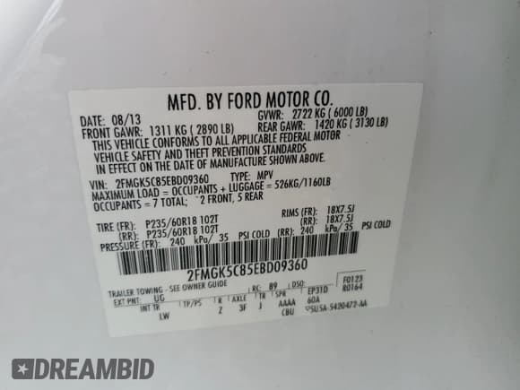 ✅ 2014 Ford Flex SEL • VIN: 2FMGK5C85EBD09360 • Lot: 85330935. Listed on Copart with 119,993 mi. Free auction sales archive from the USA and detailed vehicle history report at DreamBid. Image 13.