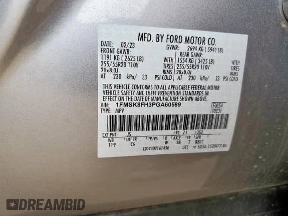 2023 Ford Explorer Limited z VIN 1FMSK8FH3PGA60589, wystawiony jako Copart lot #82110605 z przebiegiem 69 097 mil mil oraz Szkoda całkowita • Salvage title. Historia ofert i sprzedaży dostępna na DreamBid. Obrazek 14.