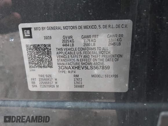 ✅ 2020 Chevrolet Equinox LS • VIN: 3GNAXHEV5LS567859 • Lot: 43386948. Listed on IAAI with 73,602 mi. Free auction sales archive from the USA and detailed vehicle history report at DreamBid. Image 9.