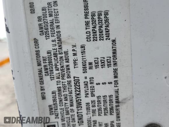 ✅ 2000 Chevrolet Blazer LS • VIN: 1GNDT13W5YK222507 • Lot: 70725905. Wystawiony na Copart z przebiegiem 151 959 mil. Bezpłatny archiwum sprzedaży aukcyjnych z USA i szczegółowy raport historii pojazdu na DreamBid. Zdjęcie 12.