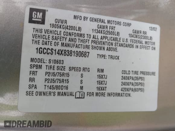 ✅ 2003 Chevrolet S-10 Work Truck • VIN: 1GCCS14X838190687 • Лот: 41919959. Опубликован ранее на IAAI с пробегом 157 165 миль. Бесплатный доступ к архиву аукционных продаж из США и подробный отчёт об истории автомобиля на DreamBid. Изображение 9.