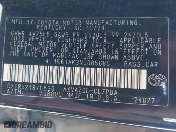 ✅ 2022 Toyota Camry XSE • VIN: 4T1K61AK3NU005685 • Lot: 43504455. Listed on IAAI with 96,491 mi. Free auction sales archive from the USA and detailed vehicle history report at DreamBid. Image 9.