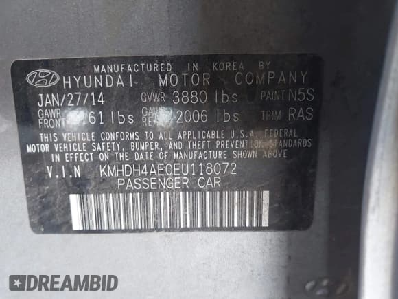 ✅ 2014 Hyundai Elantra SE • VIN: KMHDH4AE0EU118072 • Lot: 43535972. Listed on IAAI with 86,571 mi. Free auction sales archive from the USA and detailed vehicle history report at DreamBid. Image 9.