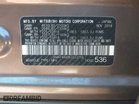 ✅ 2019 Mitsubishi Eclipse Cross LE • VIN: JA4AT4AA8KZ023156 • Lot: 43595761. Wystawiony na IAAI z przebiegiem 73 811 mil. Bezpłatny archiwum sprzedaży aukcyjnych z USA i szczegółowy raport historii pojazdu na DreamBid. Zdjęcie 9.