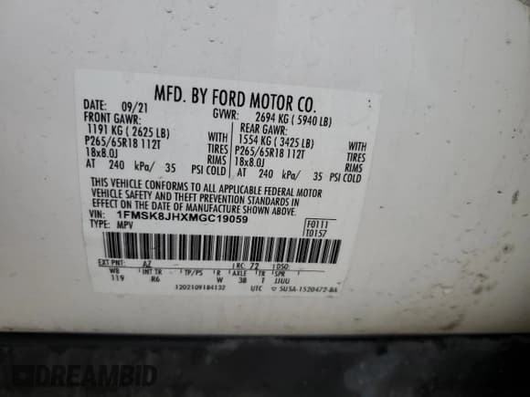 ✅ 2021 Ford Explorer Timberline • VIN: 1FMSK8JHXMGC19059 • Лот: 70508235. Опубликован ранее на Copart с пробегом 57 807 миль. Бесплатный доступ к архиву аукционных продаж из США и подробный отчёт об истории автомобиля на DreamBid. Изображение 12.