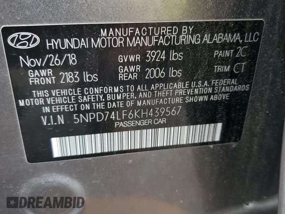 ✅ 2019 Hyundai Elantra SE • VIN: 5NPD74LF6KH439567 • Lot: 90801055. Listed on Copart with 40,650 mi. Free auction sales archive from the USA and detailed vehicle history report at DreamBid. Image 12.