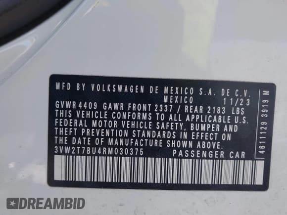 ✅ 2024 Volkswagen Jetta Autobahn • VIN: 3VW2T7BU4RM030375 • Lot: 43267623. Listed on IAAI with 36,299 mi. Free auction sales archive from the USA and detailed vehicle history report at DreamBid. Image 9.