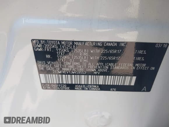 ✅ 2018 Toyota RAV4 XLE • VIN: 2T3WFREV1JW459553 • Lot: 42423474. Listed on IAAI with 129,523 mi. Free auction sales archive from the USA and detailed vehicle history report at DreamBid. Image 9.