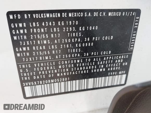 ✅ 2024 Volkswagen Taos S • VIN: 3VV5X7B20RM052801 • Lot: 43569437. Listed on IAAI with 10,229 mi. Free auction sales archive from the USA and detailed vehicle history report at DreamBid. Image 9.