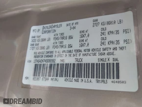 ✅ 2004 Dodge Dakota SLT • VIN: 1D7HG42N74S688982 • Lot: 42754344. Listed on IAAI with 69,540 mi. Free auction sales archive from the USA and detailed vehicle history report at DreamBid. Image 9.