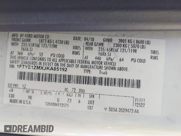 ✅ 2018 Ford Transit • VIN: 1FTYE1ZMXJKA85192 • Лот: 42709662. Опубликован ранее на IAAI с пробегом 192 616 миль. Бесплатный доступ к архиву аукционных продаж из США и подробный отчёт об истории автомобиля на DreamBid. Изображение 9.