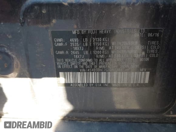 ✅ 2016 Subaru Outback Limited • VIN: 4S4BSBNC7G3357388 • Lot: 43697460. Listed on IAAI with Not provided. Free auction sales archive from the USA and detailed vehicle history report at DreamBid. Image 9.