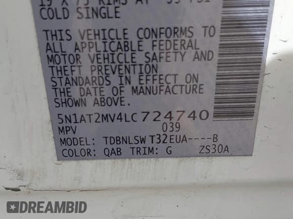 ✅ 2020 Nissan Rogue SV • VIN: 5N1AT2MV4LC724740 • Lot: 42116459. Listed on IAAI with 62,509 mi. Free auction sales archive from the USA and detailed vehicle history report at DreamBid. Image 9.