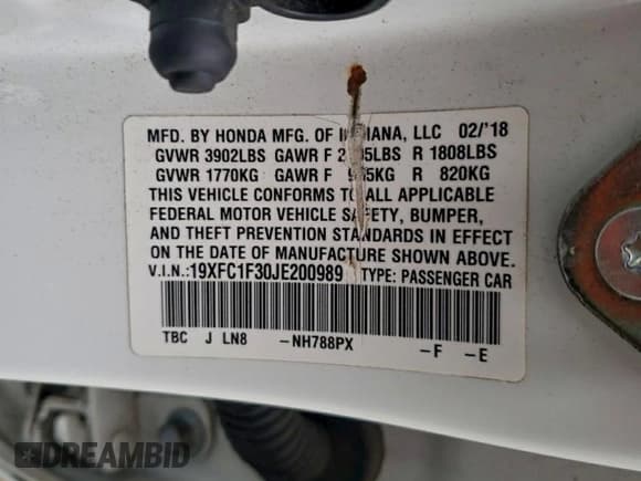 ✅ 2018 Honda Civic EX-T • VIN: 19XFC1F30JE200989 • Lot: 93400535. Listed on Copart with 161,906 mi. Free auction sales archive from the USA and detailed vehicle history report at DreamBid. Image 12.