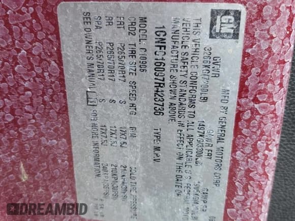 ✅ 2007 Chevrolet Suburban LTZ • VIN: 1GNFC16097R423736 • Lot: 59462805. Listed on Copart with 124,276 mi. Free auction sales archive from the USA and detailed vehicle history report at DreamBid. Image 13.