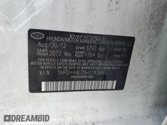 ✅ 2013 Hyundai Elantra GLS • VIN: 5NPDH4AE2DH219384 • Lot: 64769245. Listed on Copart with 184,906 mi. Free auction sales archive from the USA and detailed vehicle history report at DreamBid. Image 12.