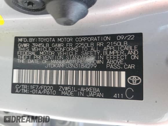 2022 Toyota Prius L Eco с VIN JTDKAMFU3N3184279, выставлен на аукционе Copart как лот 68371565 с пробегом 179 376 миль миль и На запчасти • Non repairable. История ставок и продаж доступна на DreamBid. Изображение 12.