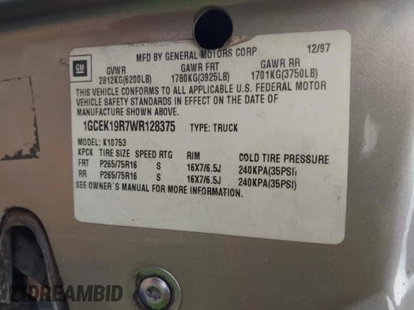 ✅ 1998 Chevrolet Silverado 1500 • VIN: 1GCEK19R7WR128375 • Lot: 43432612. Listed on IAAI with Not provided. Free auction sales archive from the USA and detailed vehicle history report at DreamBid. Image 9.