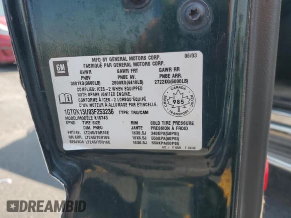 ✅ 2003 GMC Sierra 1500HD SLT • VIN: 1GTGK13U03F253236 • Lot: 61682085. Listed on Copart with 211,391 mi. Free auction sales archive from the USA and detailed vehicle history report at DreamBid. Image 12.