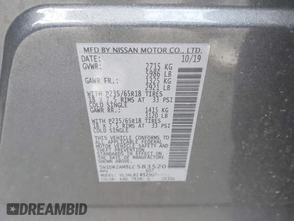 ✅ 2020 Nissan Pathfinder S • VIN: 5N1DR2AM8LC583520 • Lot: 43257775. Listed on IAAI with 95,174 mi. Free auction sales archive from the USA and detailed vehicle history report at DreamBid. Image 9.