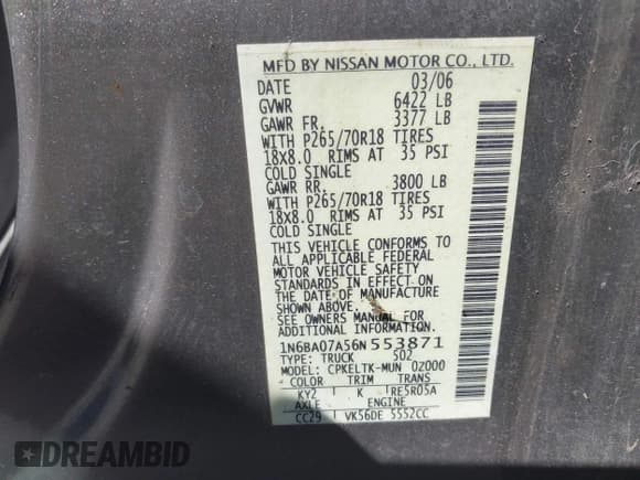 ✅ 2006 Nissan Titan SE • VIN: 1N6BA07A56N553871 • Лот: 43243637. Опубликован ранее на IAAI с пробегом 200 372 миль. Бесплатный доступ к архиву аукционных продаж из США и подробный отчёт об истории автомобиля на DreamBid. Изображение 9.