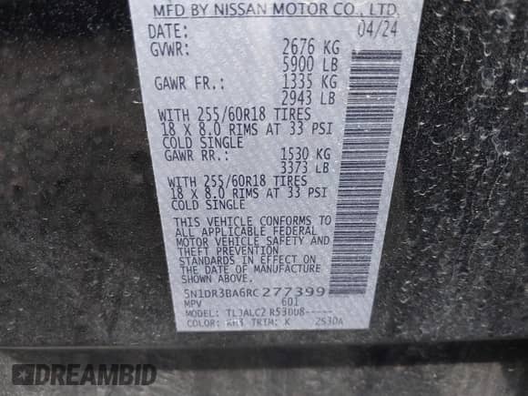 2024 Nissan Pathfinder SV z VIN 5N1DR3BA6RC277399, wystawiony jako IAAI lot #42730735 z przebiegiem 26 410 mil mil oraz . Historia ofert i sprzedaży dostępna na DreamBid. Obrazek 9.