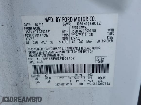 ✅ 2014 Ford F-150 XL • VIN: 1FTMF1EF9EFB02162 • Lot: 87439885. Listed on Copart with 136,396 mi. Free auction sales archive from the USA and detailed vehicle history report at DreamBid. Image 12.