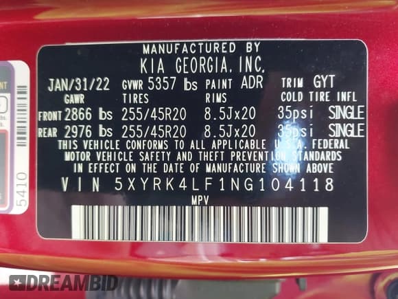 ✅ 2022 Kia Sorento SX • VIN: 5XYRK4LF1NG104118 • Lot: 43647588. Listed on IAAI with 35,724 mi. Free auction sales archive from the USA and detailed vehicle history report at DreamBid. Image 9.