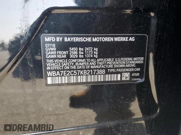 ✅ 2019 BMW 7 Series 740i • VIN: WBA7E2C57KB217388 • Lot: 61867745. Listed on Copart with 109,810 mi. Free auction sales archive from the USA and detailed vehicle history report at DreamBid. Image 12.