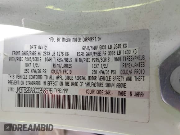 ✅ 2012 Mazda CX-9 Sport • VIN: JM3TB2BA8C0358676 • Лот: 42531892. Опубликован ранее на IAAI с пробегом 141 843 миль. Бесплатный доступ к архиву аукционных продаж из США и подробный отчёт об истории автомобиля на DreamBid. Изображение 9.