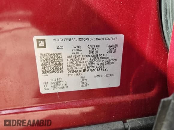 ✅ 2021 Chevrolet Equinox LT • VIN: 2GNAXUEV7M6137923 • Lot: 82449875. Listed on Copart with 106,975 mi. Free auction sales archive from the USA and detailed vehicle history report at DreamBid. Image 14.